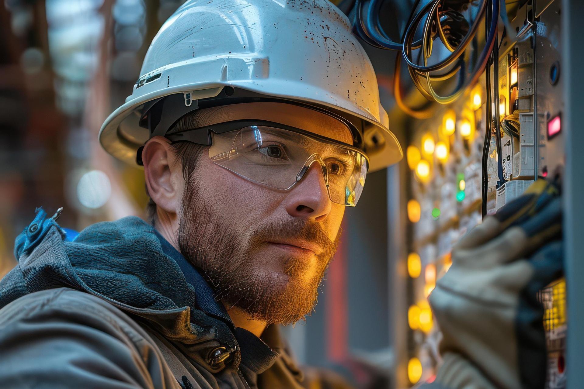 Elektriker in Sicherheitskleidung an Schalttafel