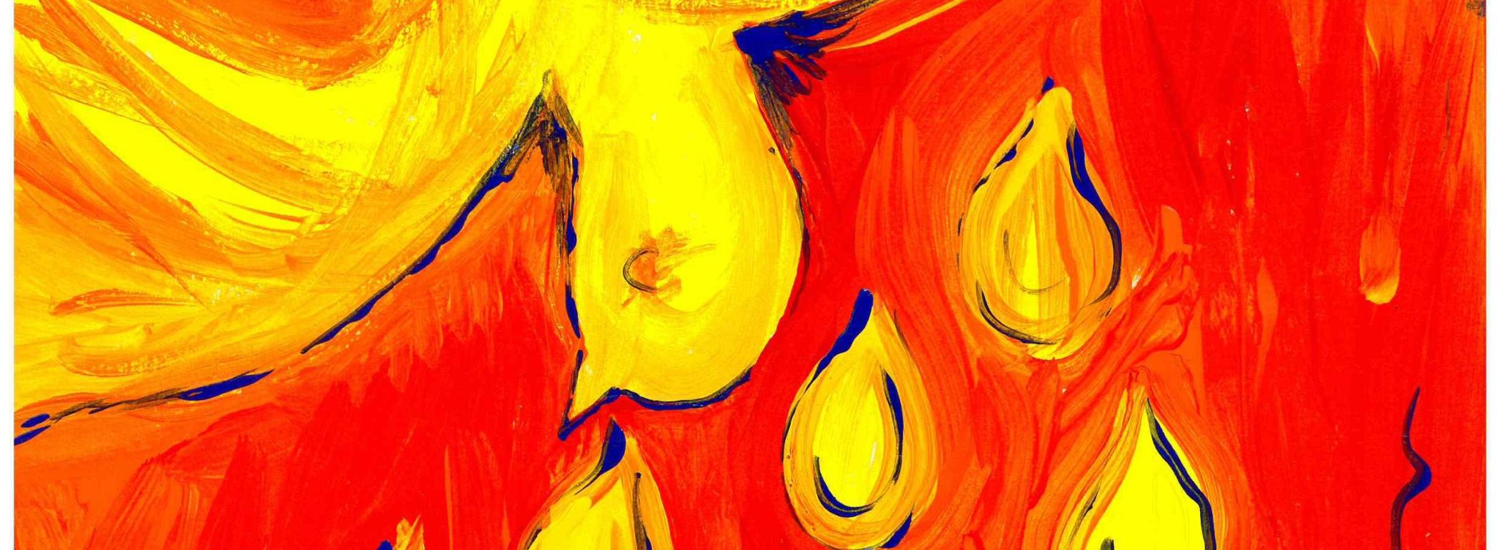 Gelbe Taube mit Tropfen auf rotem Hintergrund, abstrakt gemalt