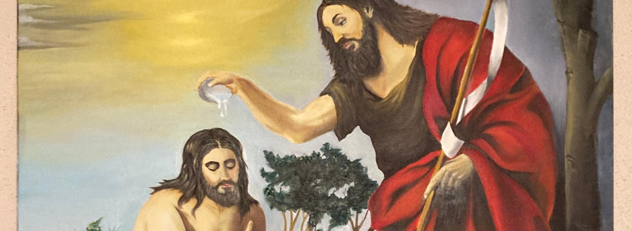 Johannes tauft Jesus im Fluss, eine weiße Taube schwebt darüber