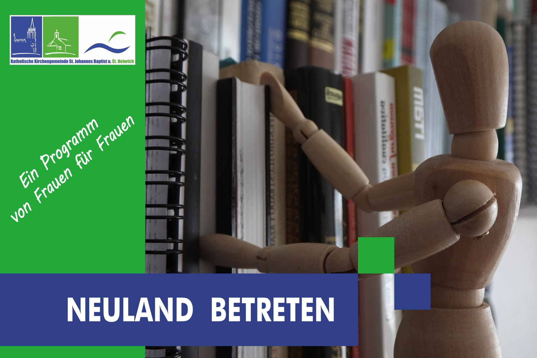 Eine Gliederpuppe aus Holz ist so platziert, als ob sie ein Buch aus einem Bücherregal nehmen würde