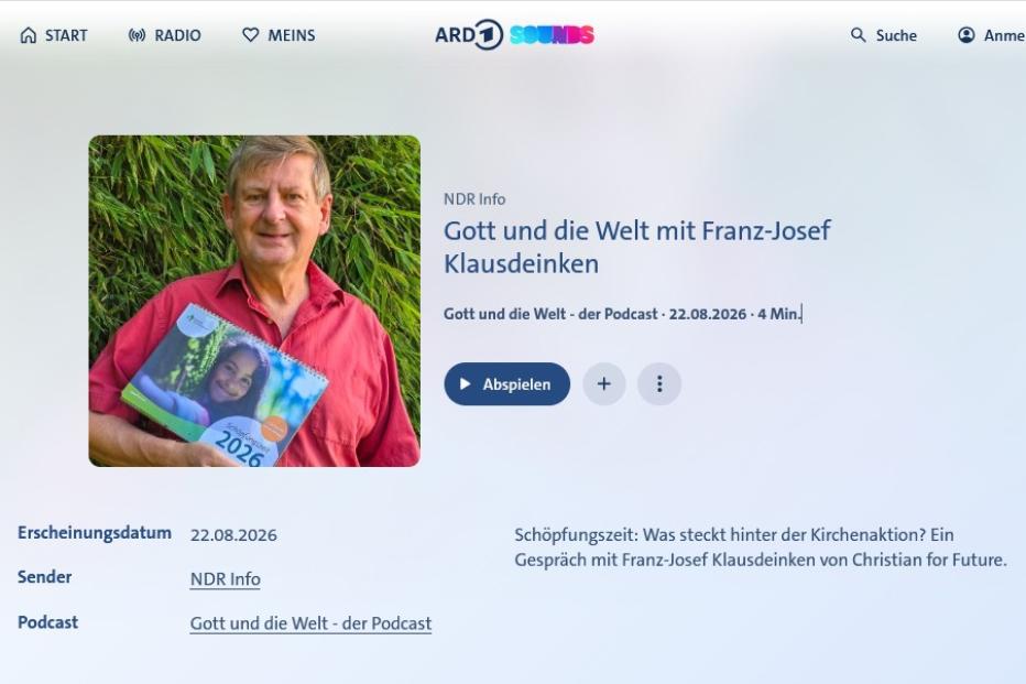 Foto von Franz-Josef Klausdeinken und Text 'Schöpfungszeit: Was steckt hinter der Kirchenaktion? Ein Gespräch mit Franz-Josef Klausdeinken von Christian for Future.' Podcast vom 22.08.2026 auf NDR Info